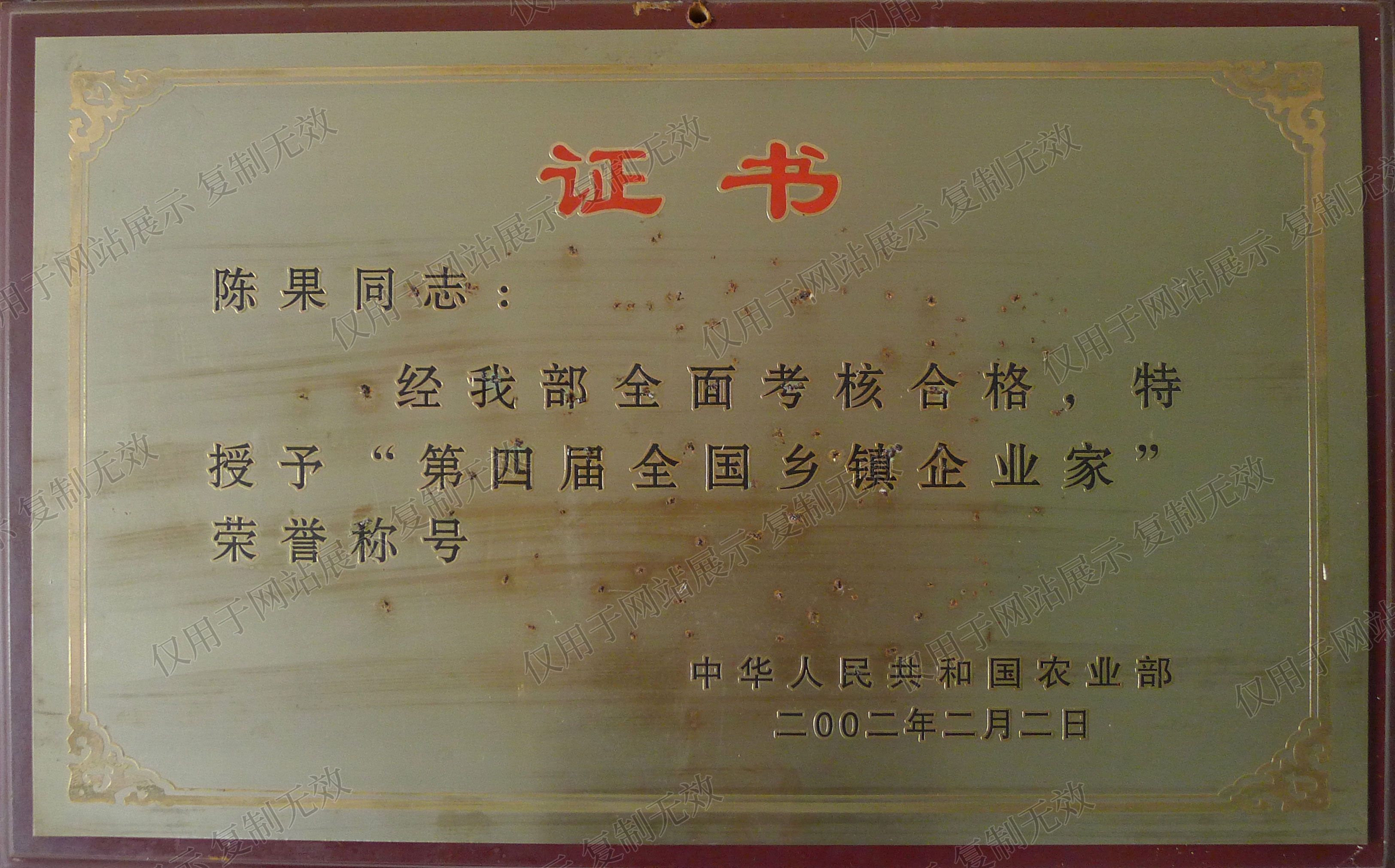 公司董事長獲“第四屆全國鄉鎮企業家”